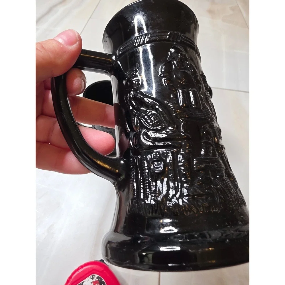 Vintage Black Amethyst Glass Beer‎ Stein Tavern Scene Embossed Mug Set of 3 A5